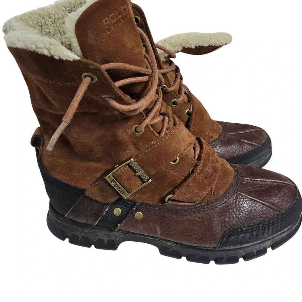 Polo Ralph Lauren Vtg Tavin Rollover Shearling Brown Leather Boots Mens Size 10D